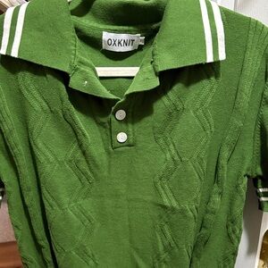 Green Polo Shirt with White Stripes